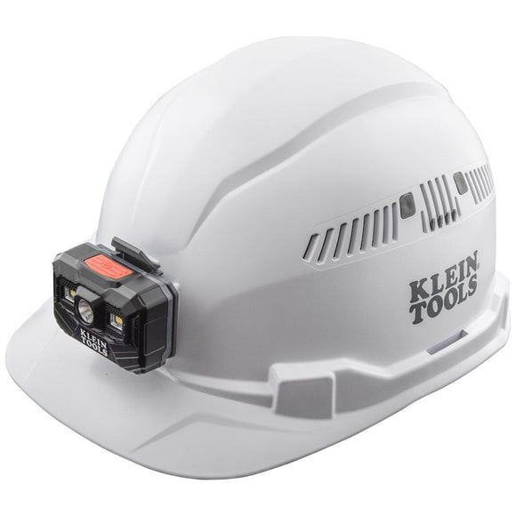 Klein Tools Hard Hat, Vented, Cap Style with Rechargeable Headlamp (White)